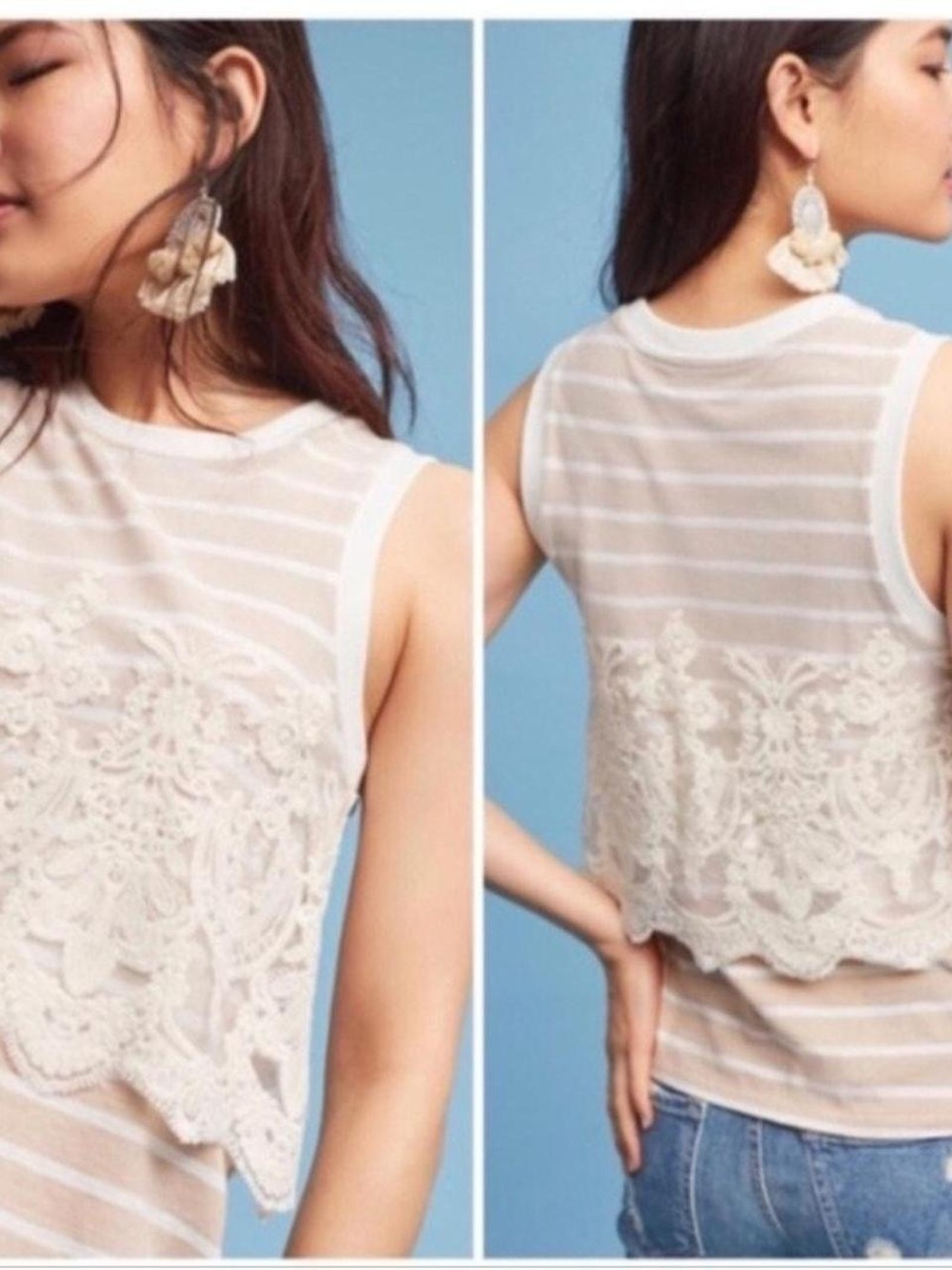 Anthropologie Sleeveless Lace Overlay Striped Tank Top - White & Beige